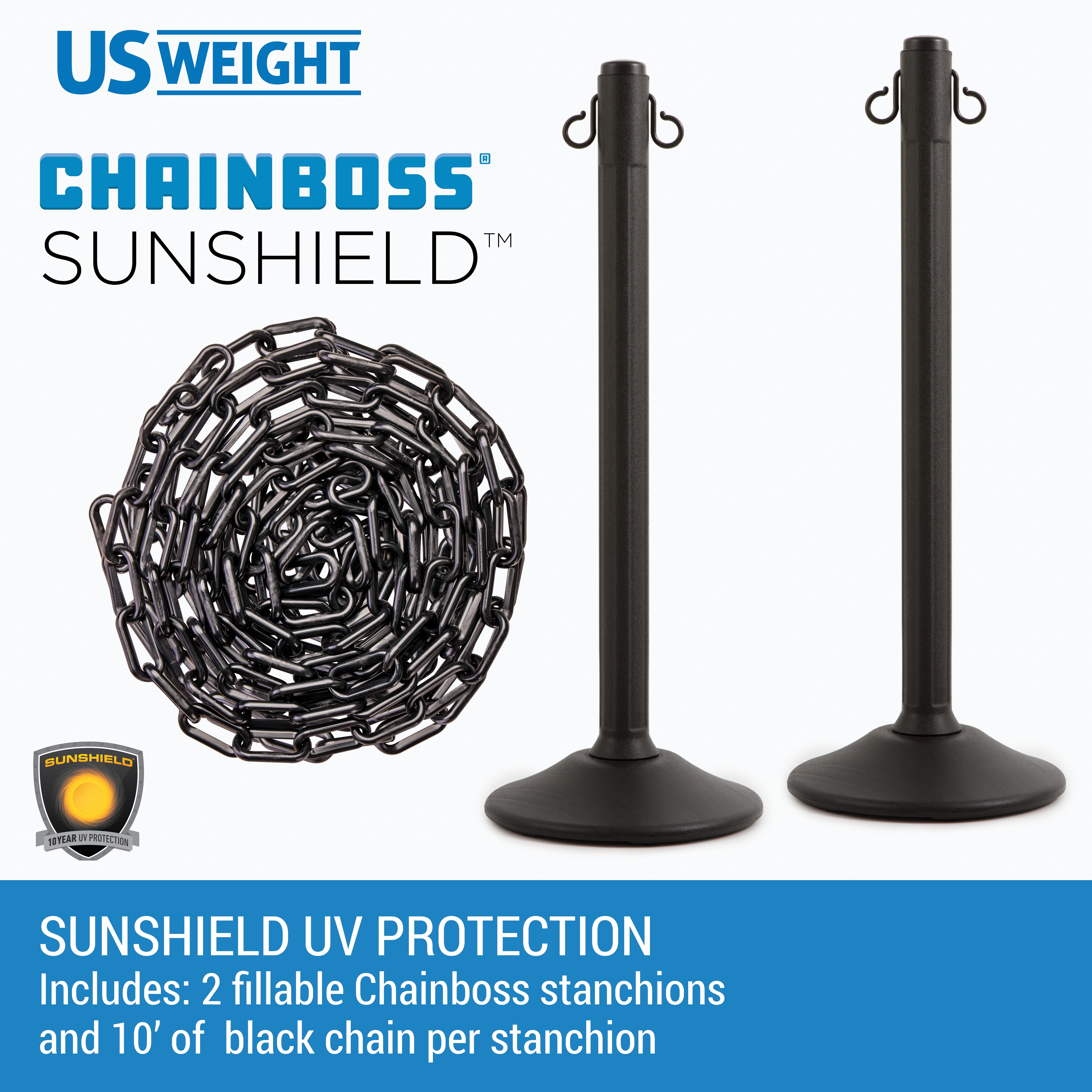ChainBoss Heavy Duty Fillable Black Plastic Stanchions Crowd Control Barriers With 10' of Black Plastic Chain Kit (6-Pack)