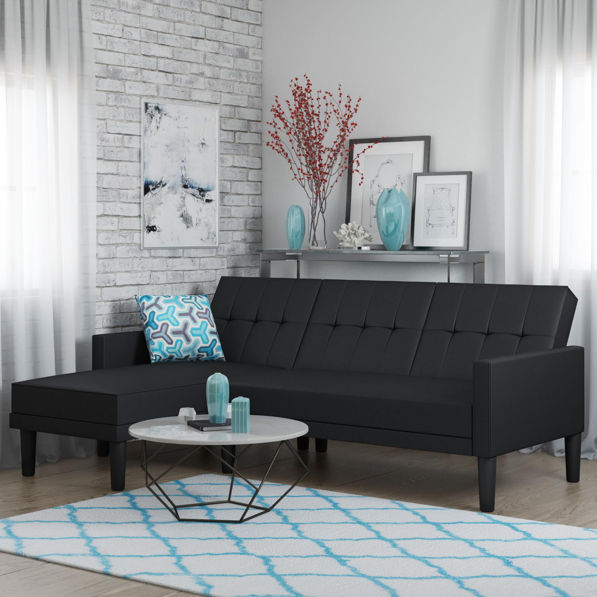 DHP Hudson Small Space Sectional Sofa Futon, Black Faux Leather