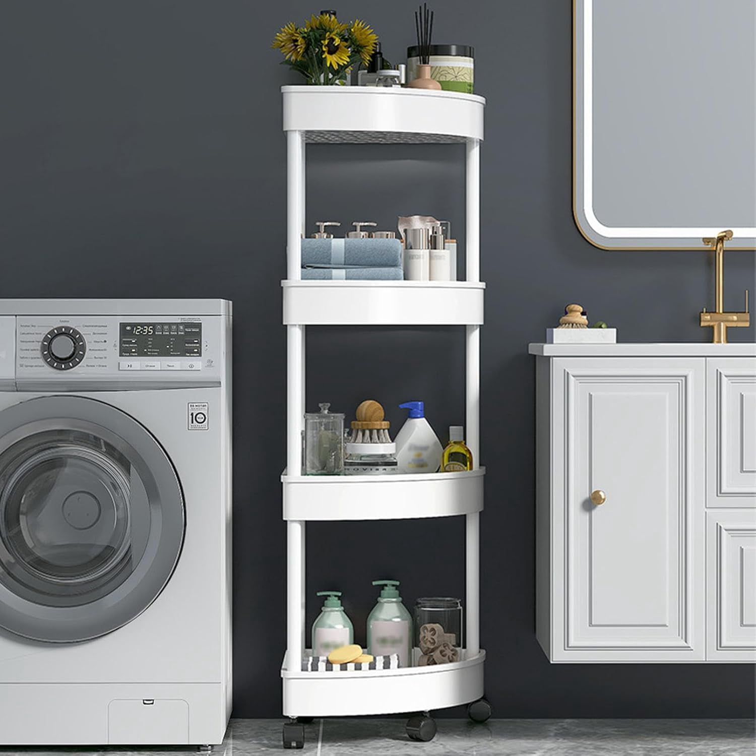 Kingfansion Four-Layer Movable Corner Rack, Plastic Bathroom Storage Shelf with Wheels, Waterproof Kitchen Organizer for Snacks/Toiletries