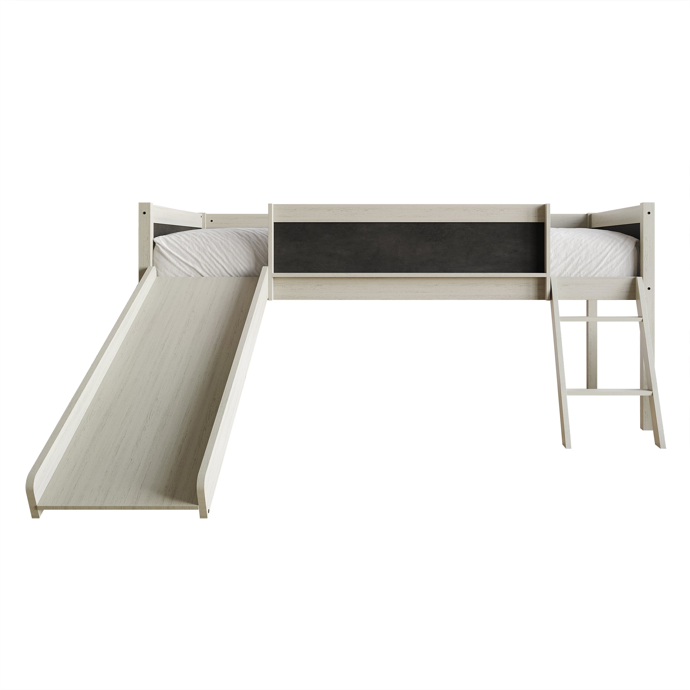 Castle Place Wooden Twin Junior Loft Bed with Chalkboard and Slide, Antique Grey