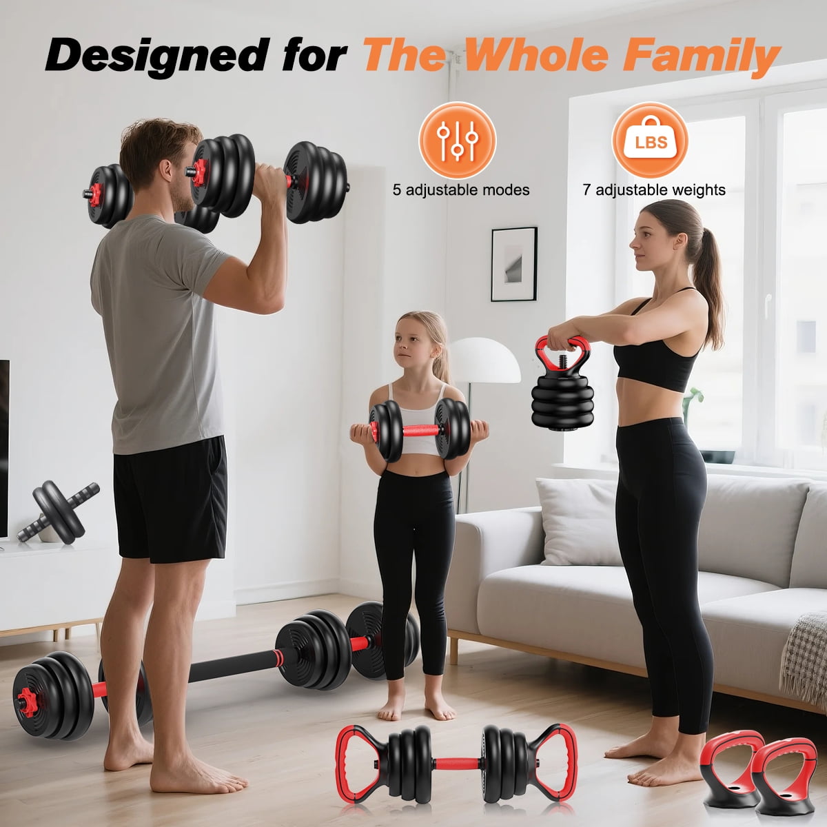 RELIFESPORTS 6-in-1 Adjustable Dumbbell Set | Squat Bar & Tire Flipper Included | Free Weights for Men & Women | Space-Saving Multifunctional Home Gym Equipment