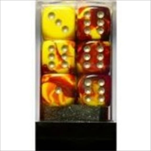26650 D6 Cube Gemini Set Of 12 Dice, 16 mm - Red & Yellow With Silver Numbering