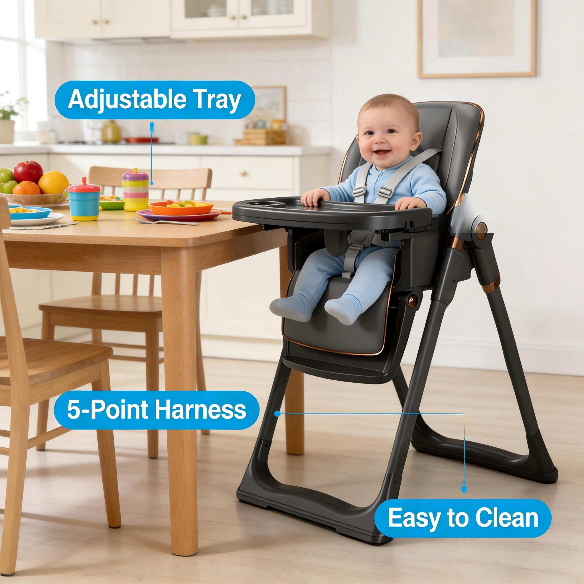 Cochildor Foldable High Chair for Babies & Toddlers, with 5 Point Harness, Tray, Foot Rest and Wheels, Gray