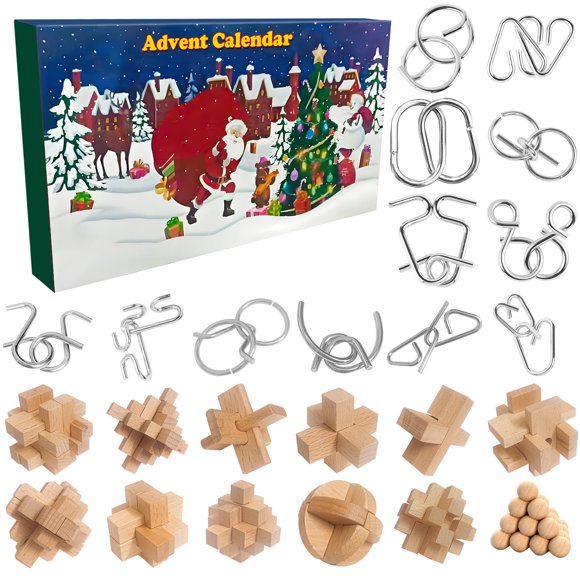 Calendario de Adviento CJXSHHAMZ, rompecabezas de metal y madera de 24 días