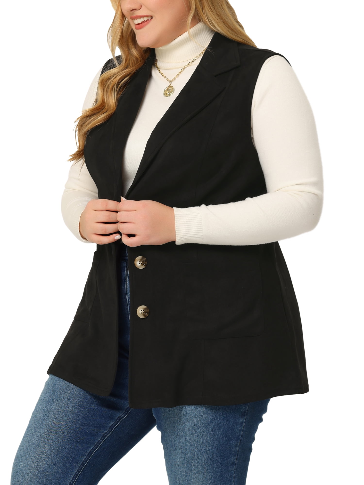 DARING DIVA Women's Plus Size Lapel Sleeveless Lightweight Suede Vests 5X Black