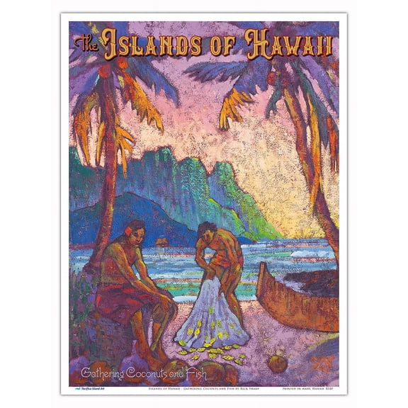 Islands of Hawaii - Gathering Coconts and Fish - Vintage Hawaiian Travel Poster by Rick Sharp - Master Art Print (Unframed) 9in x 12in
