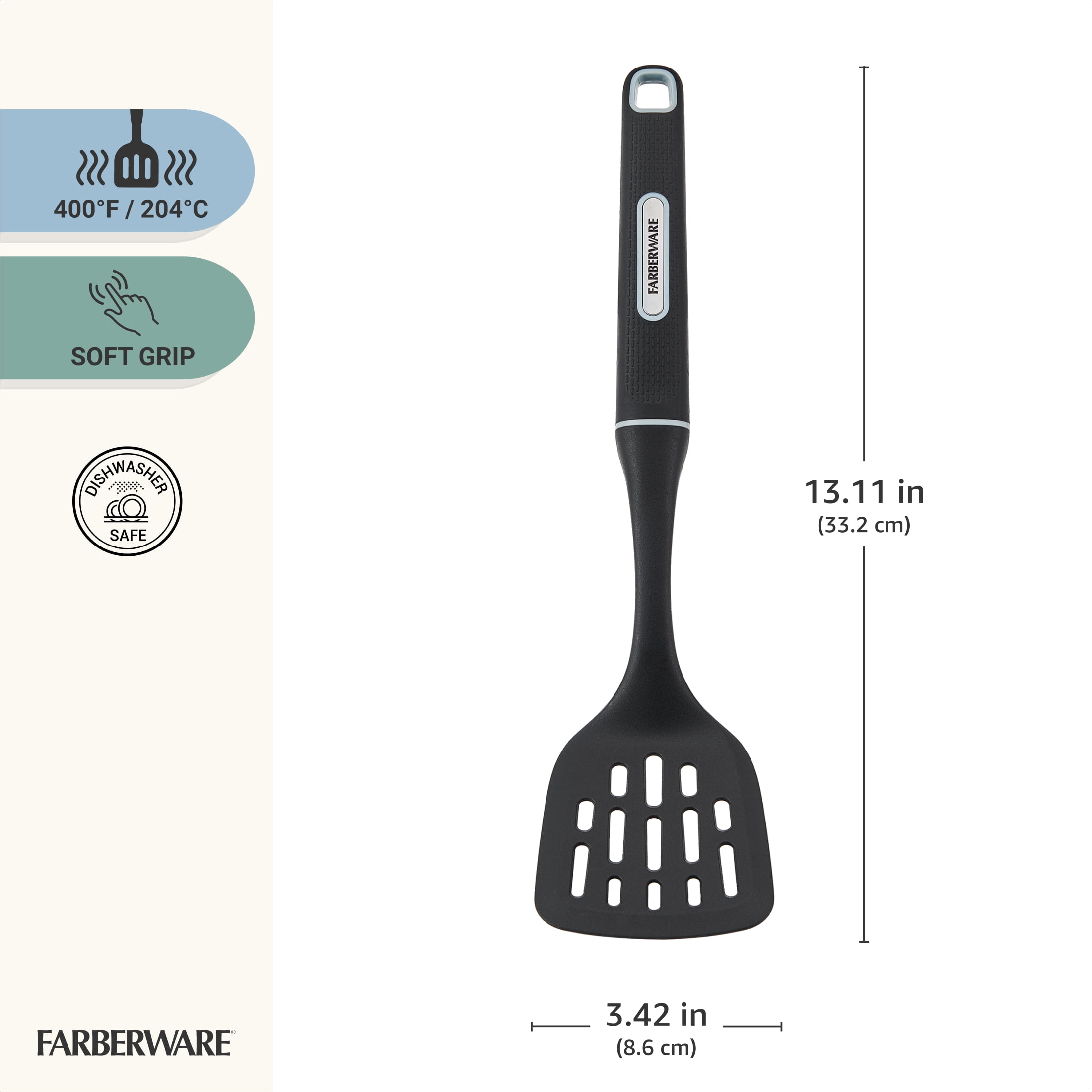 Farberware Soft Grips Nylon Slotted Spatula/Turner Black with Slate Blue Accents