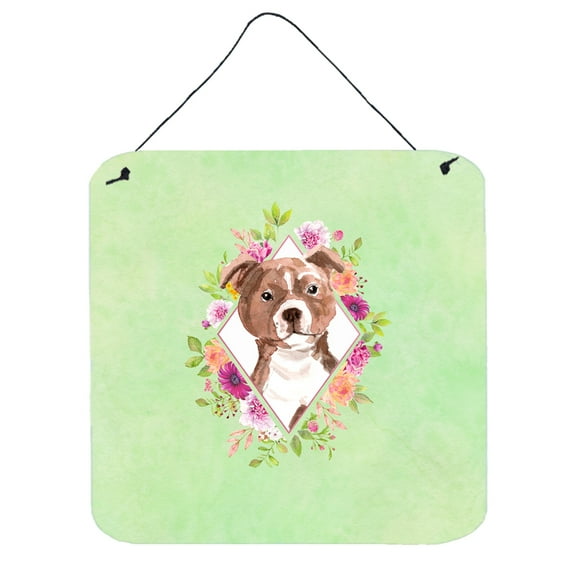 Carolines Treasures CK4368DS66 Staffie Bull Terrier Green Flowers Wall or Door Hanging Prints 6x6 multicolor
