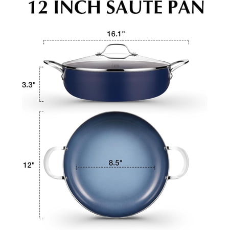 12-Inch Saute Pan, 5.5-Quart Deep Frying Pan, Toxin- Ceramic Nonstick Saute Pan with Lid – Large Scratch-Resistant Deep Fry Pan, Oven Safe, Induction Compatible, Gradient Blue