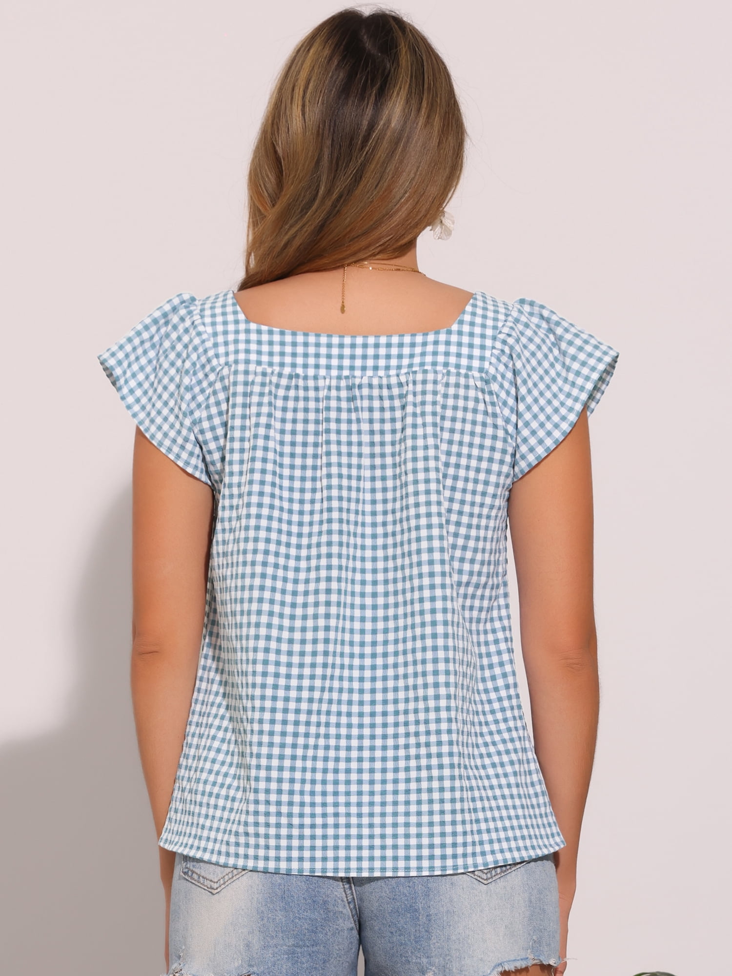 DARING DIVA Women's Cute Cap Sleeve Square Neck Plaid Blouses S Lake Blue
