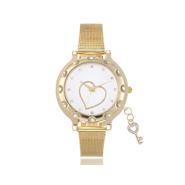 ZLight Stainless Steel Women Wristwatch Stylish Glossy Romantic Rhinestone Round Anti-rust Girls Watch Clock Birthday Gift Key 1Set