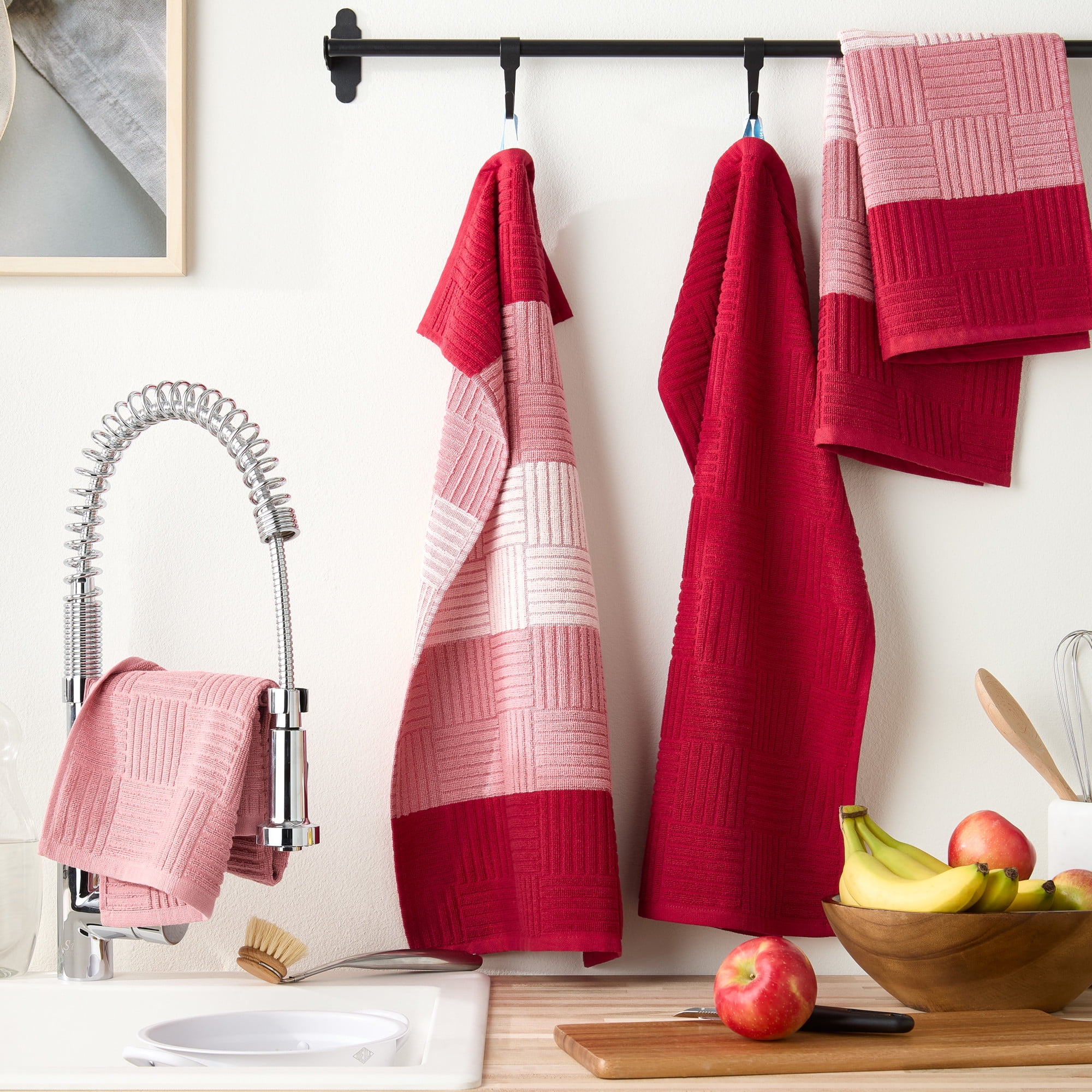 TOWN & COUNTRY BASICS Basketweave Antimicrobial Terrycloth Kitchen Towel 4-Pack Set, Absorbent 100% Cotton, Machine Washable, Red, 16"x28"