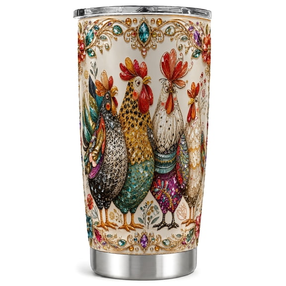 Jeweled Chicken Tumbler 20oz, Floral Tumbler, Stainless Steel Travel Cup