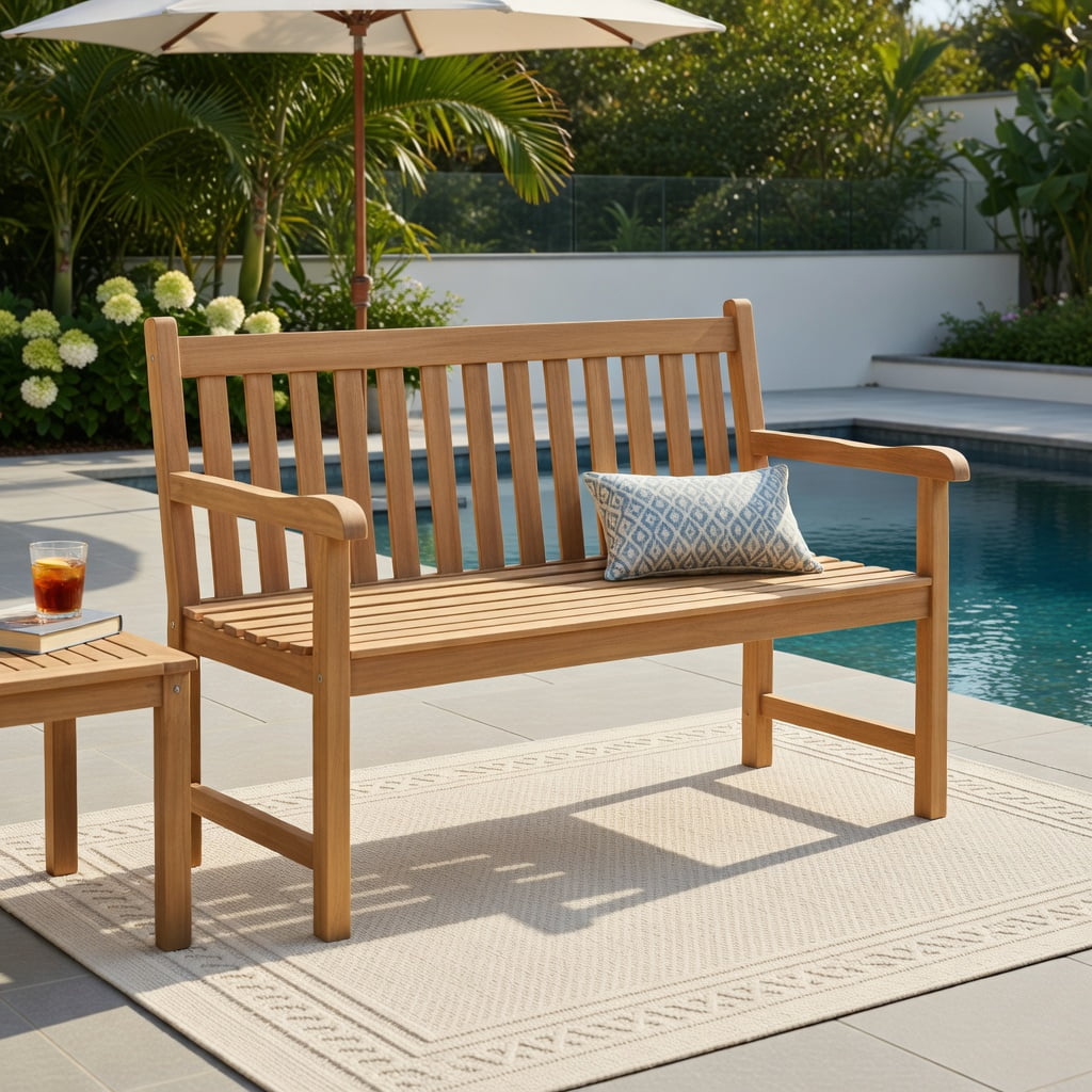 Hommoo Teak Wood Outdoor Patio Bench, 3-Seat Garden Bench with Armrests, Ergonomic Backrest & Heavy-Duty Support for Porch, Balcony & Backyard, Natural