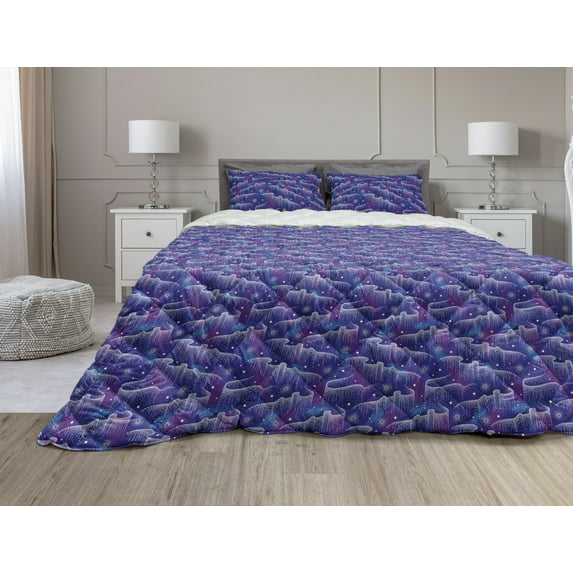 Abstract Comforter & Sham Bedding Set, Aurora Borealis Inspired Stars Pattern Northern Sky, 3 pcs Duvet Set Microfiber Filling Quilt, 5 Sizes, Violet Blue Blue, by Ambesonne