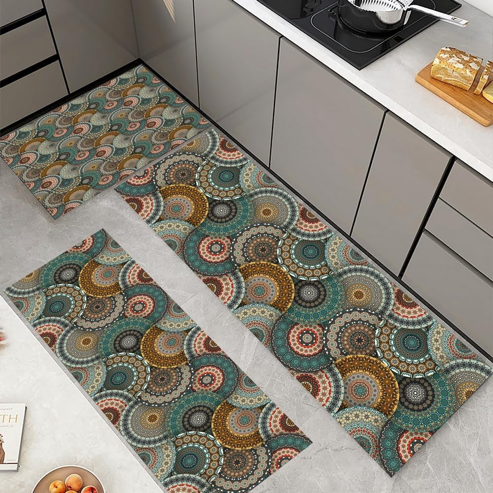 Farmhouse Kitchen Rug Set 3 Piece with Runner Soft Kitchen Floor Mat Colorful Mandala Rugs Absorbent Bath Mat Kitchen Carpets and Rugs Non Slip Washable for Bathroom Entryway Front Door Laundry