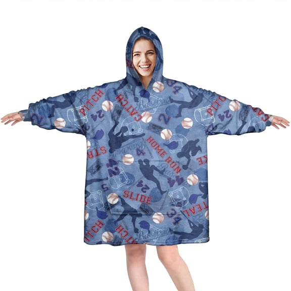 Blue Baseball Silhouette Pattern Wearable Oversized Blanket,Wearable Blanket Hoodie for Adults,Cozy Hooded Blankets with Super Pockets,Super Warm Fuzzy Pullover for Women & Men