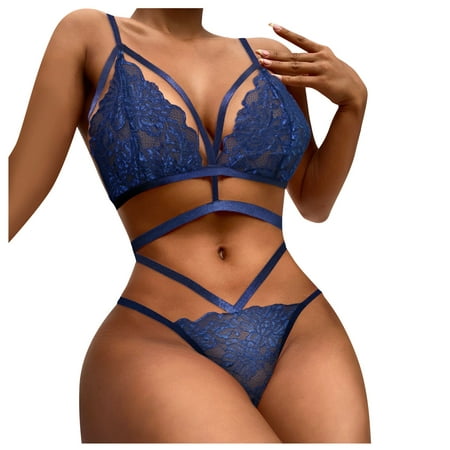 

KDDYLITQ Womens Eyelash Sexy Bra and Panty Sets Lace Strappy Lingerie Set Teddy Babydoll Lingerie Blue XL