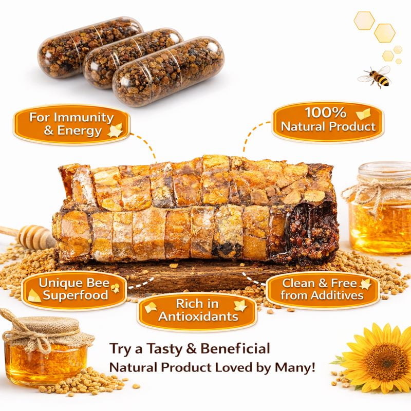 Bee Bread 60 Capsules - Fermented Bee Pollen (Perga) - Natural Dietary Supplement for Men and Women