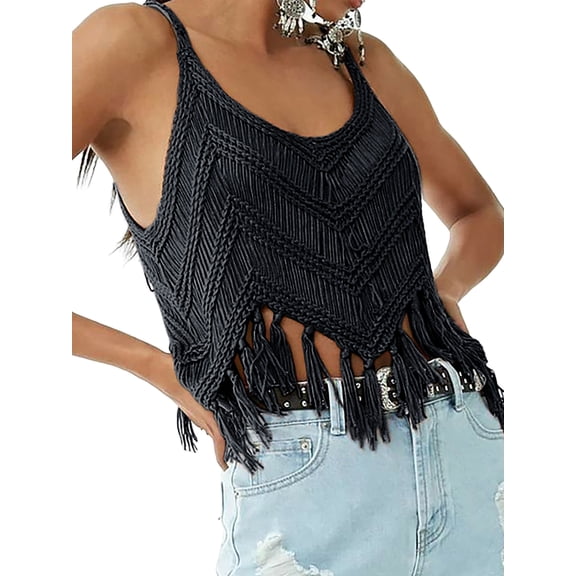 Women'S Fringe Camis Western Cowgirl Tassel Tank Tops Sleeveless V-Neck Crochet Top Spaghetti Straps Vest Black L