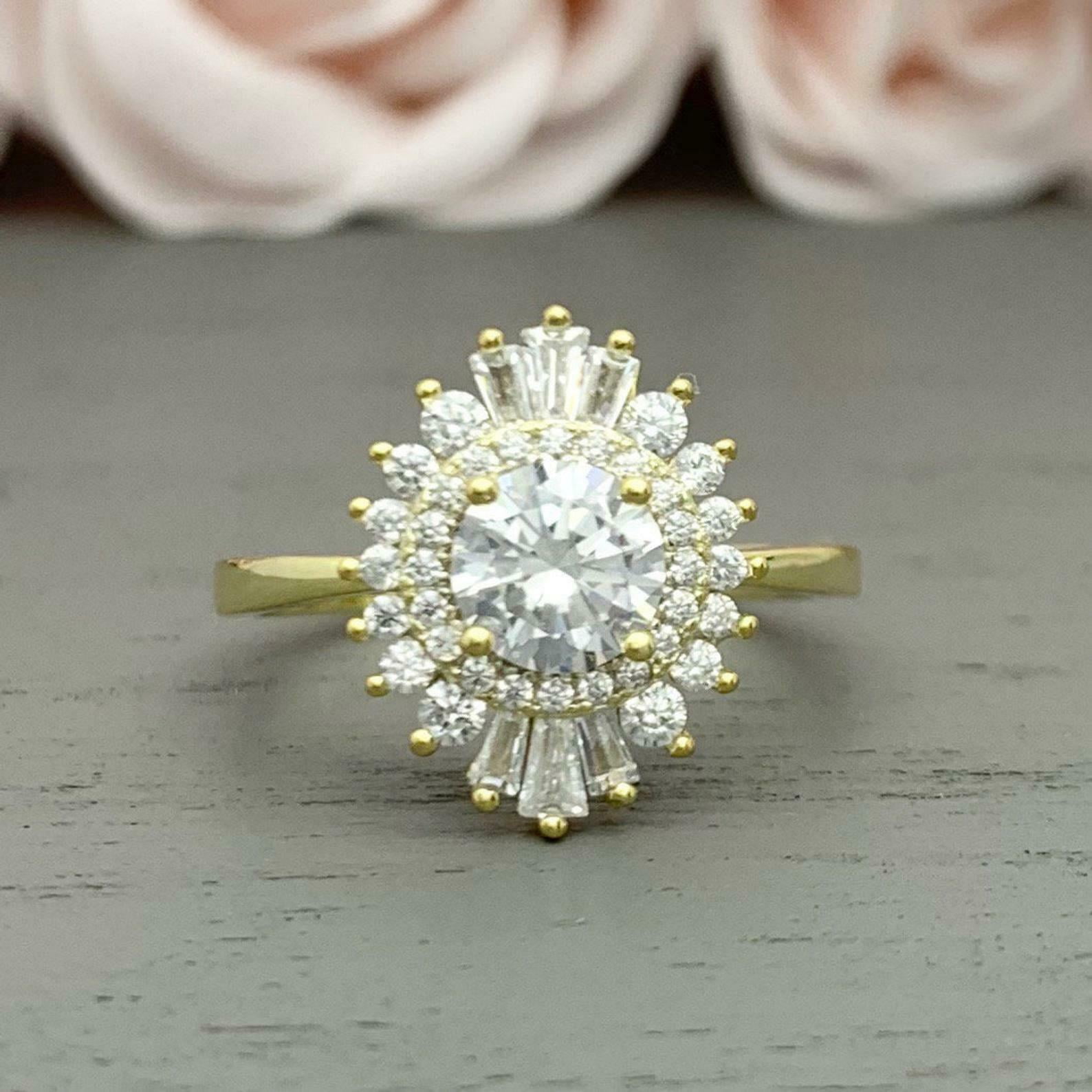 HeartsAndYou 2.1ct Engagement Ring for Women Round Cut Moissanite Ballerina Sunburst 18k Yellow Gold over Silver