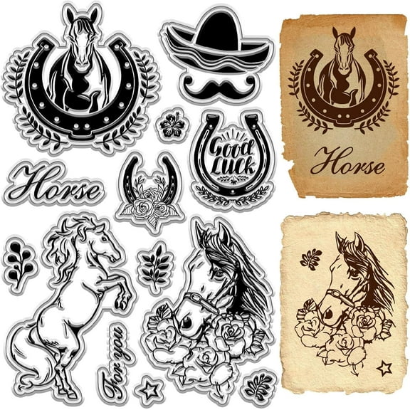 Horse Clear Stamps Animal Cowboys Horseshoes Reusable Transparent Silicone Stamp Seals Postmark for Journaling Card Making Decor DIY Scrapbooking Film Frame Photo Album Decorative