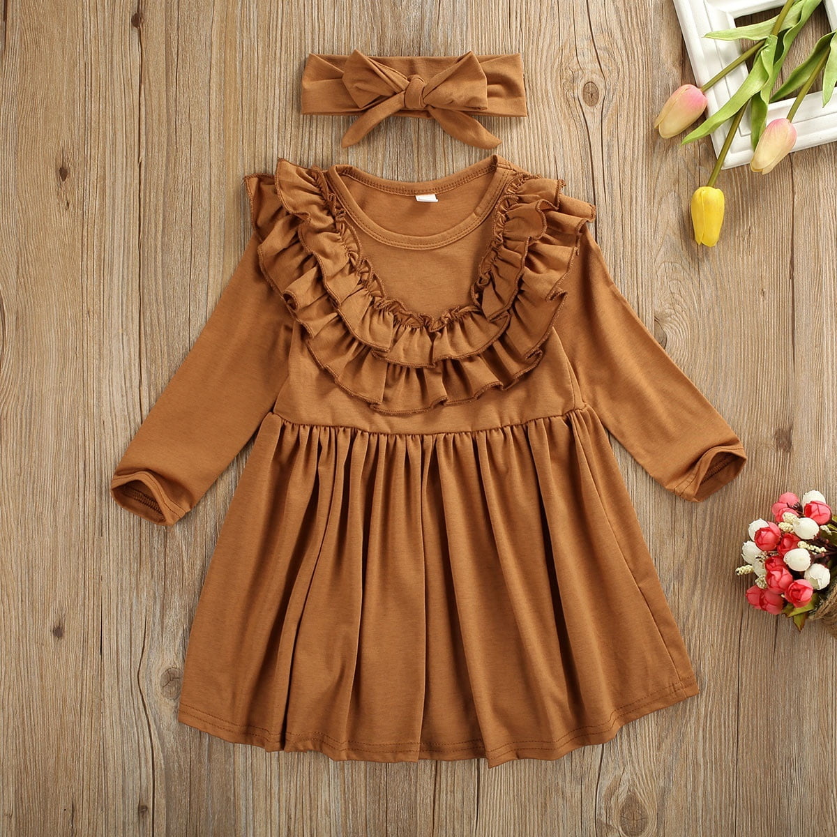 Lovely Children Dress Casual Toddler Kids Girls Party Casual Dress Headband  Autumn Spring Long Sleeve Ruffles Outfits Sundress 