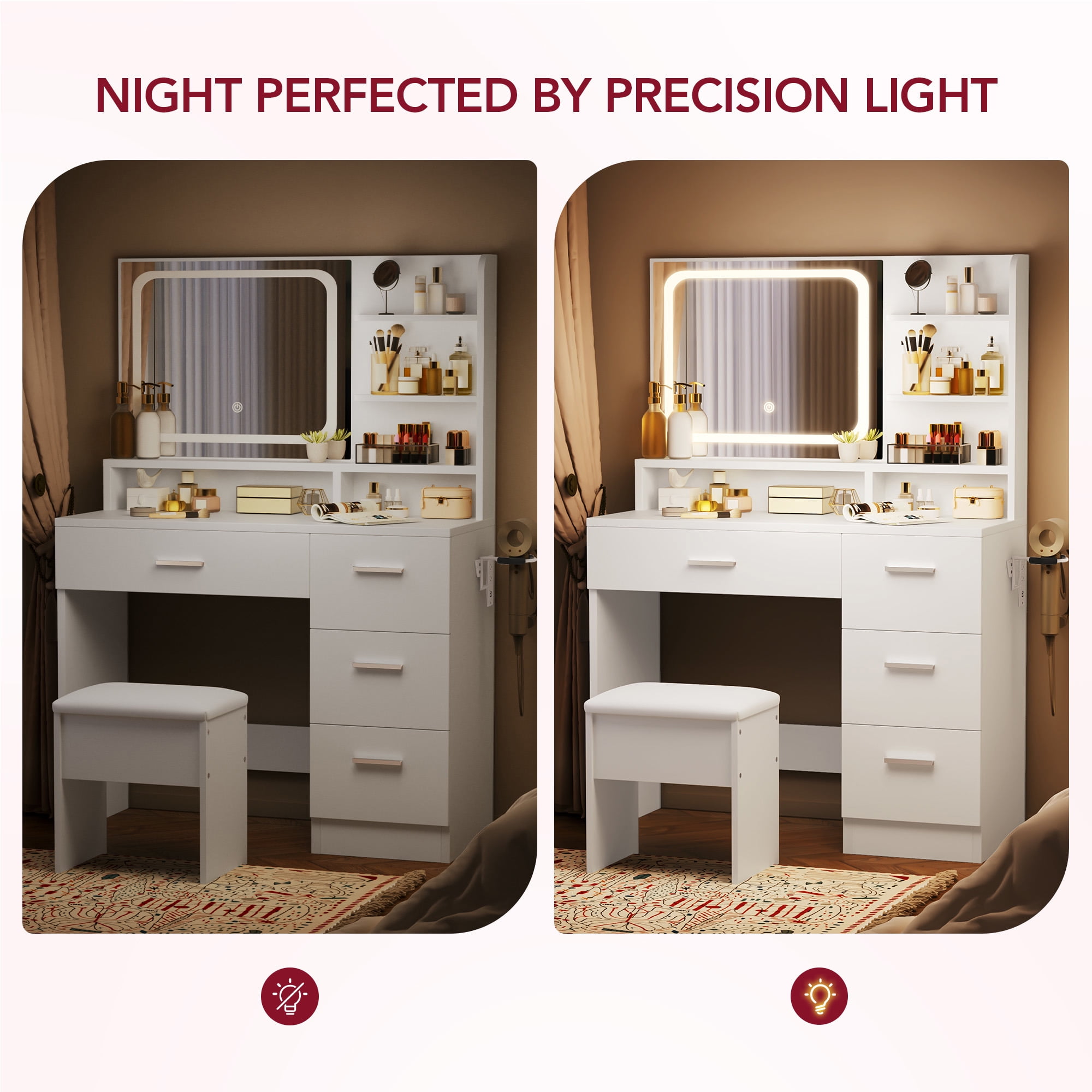LIVELYGLOW Vanity Desk with Smart LED Mirror & Stool, Makeup Vanity Set with Adjustable Lighting, Built-in Power Outlet, Large Storage Drawer, Modern Minimalist Dressing Table for Bedroom,White