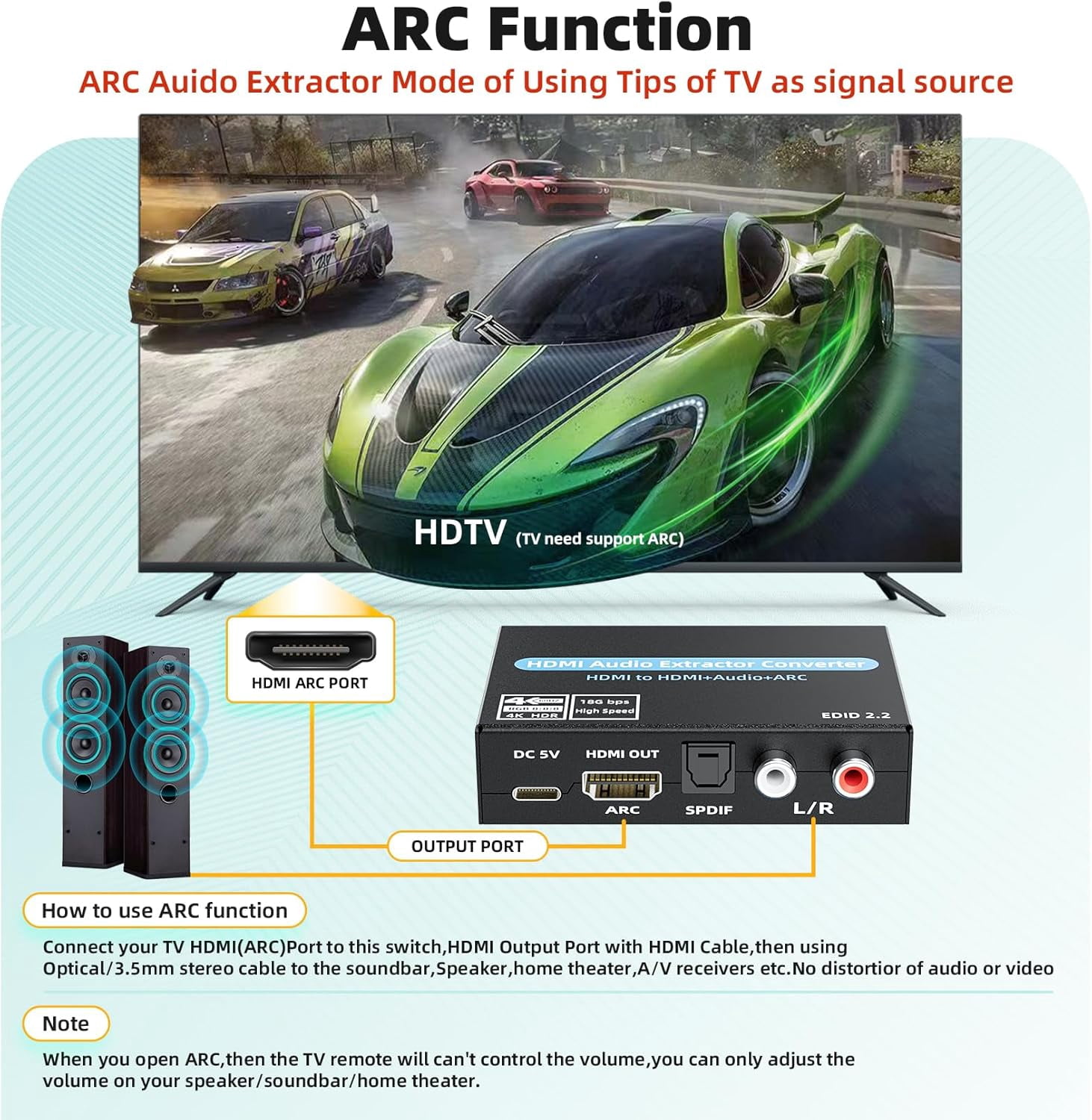 4K@60Hz HDMI Audio Extractor with ARC – Optical, 3.5mm Stereo & RCA L/R Adapter, Supports 5.1 Audio, HDCP 2.2, HDR, 18Gbps – for PS5, Xbox, HDTV, Soundbar