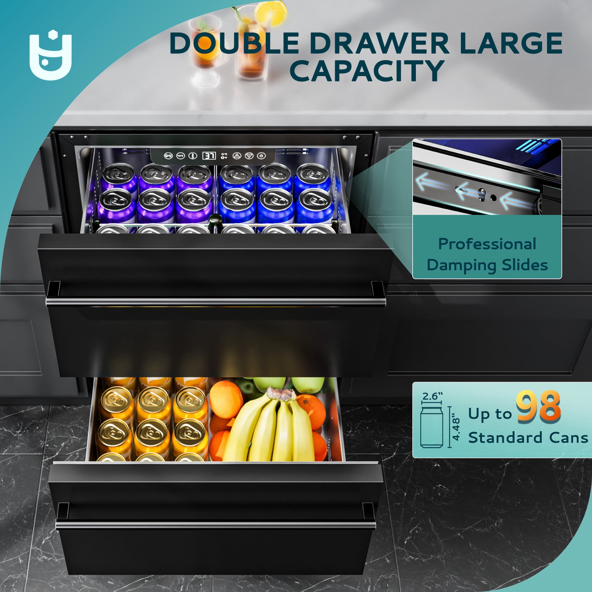 EUHOMY 23.5 Inch Under Counter Double Drawer Fridge, Weather Proof Stainless Steel Outdoor Beverage Refrigerator for Patio, Built-in Beverage Fridge