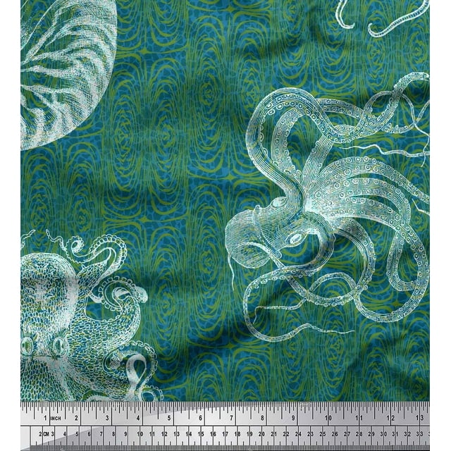 Soimoi Polyester Crepe Fabric Animal Skin,Shell & Octopus Ocean Printed Fabric 1 Yard 52 Inch Wide
