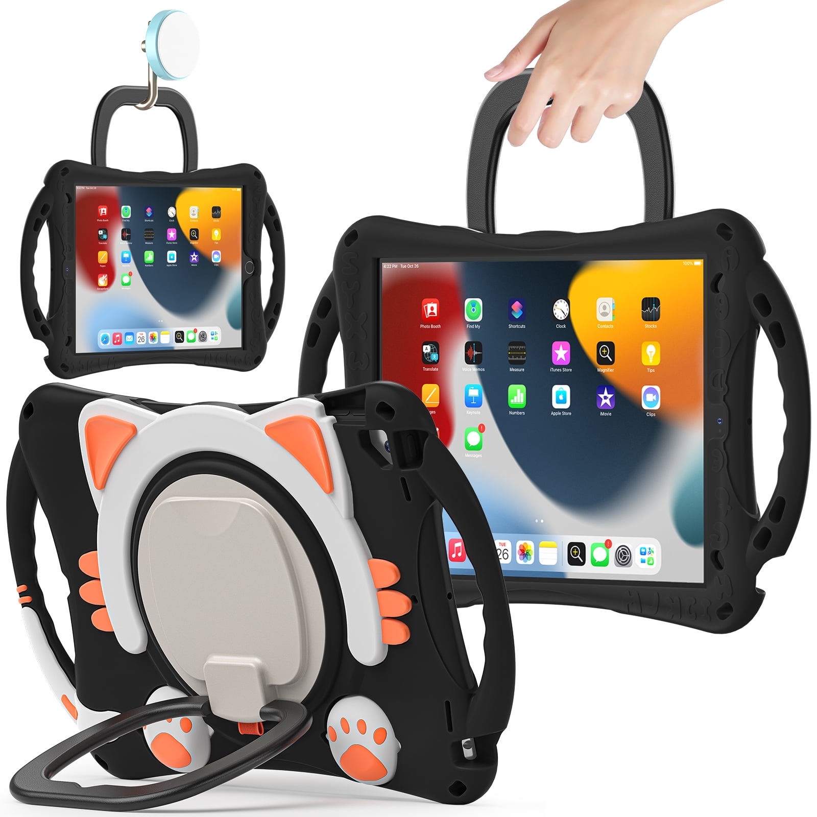 [Cute Cat Pattern] Shockproof Handle Case for Apple iPad 9.7-inch 6th/5th Generation /iPad Air 9.7" /iPad Air 2 9.7" /iPad Pro A1673 9.7 Inch, Cute Cover for Kids (Black Orange)