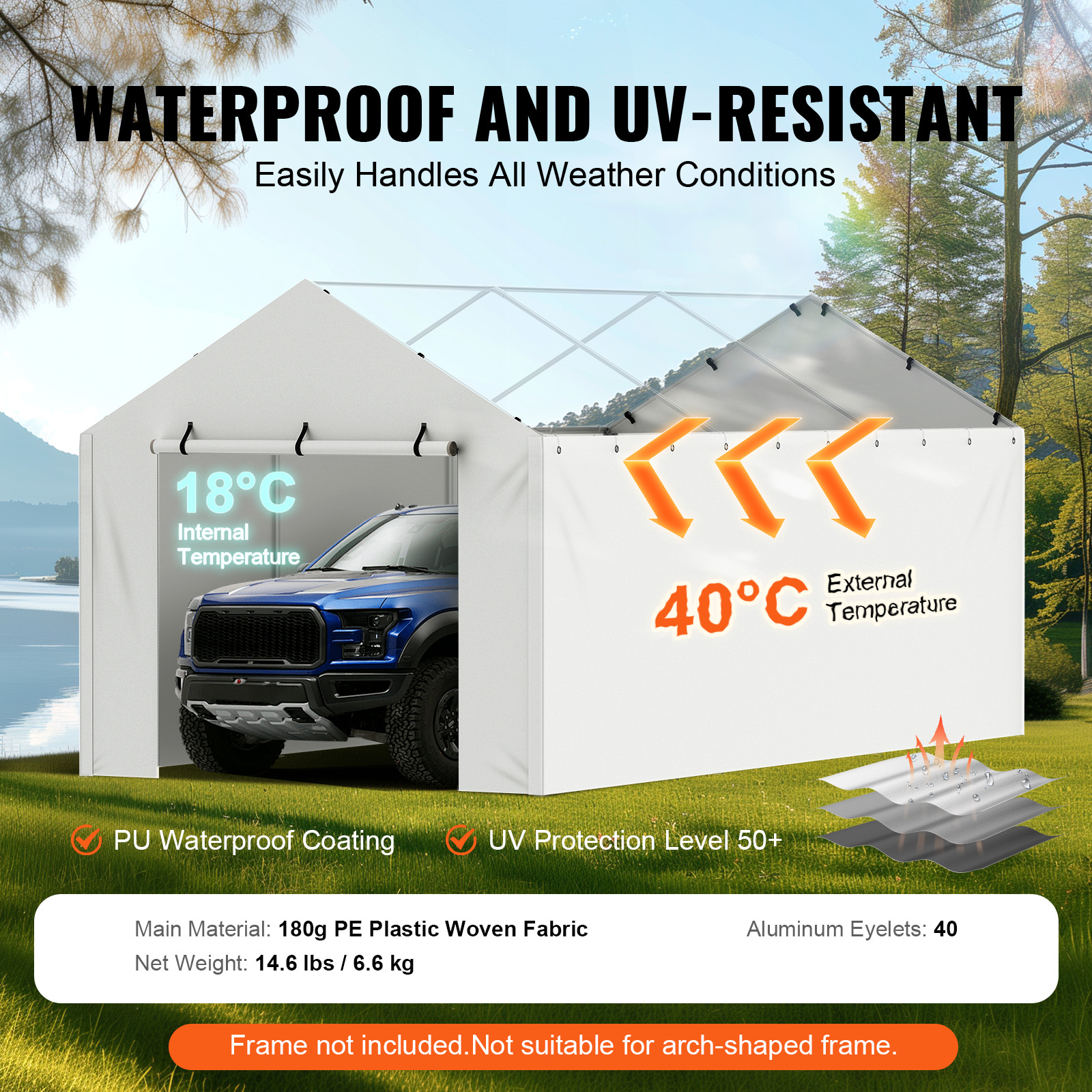 VEVOR Carport Replacement Canopy Cover Side Wall 10 x 20 ft, Garage Tent Shelter Tarp Heavy-Duty Waterproof & UV Protected, Easy Installation with Ball Bungees,White (Top and Frame Not Included)