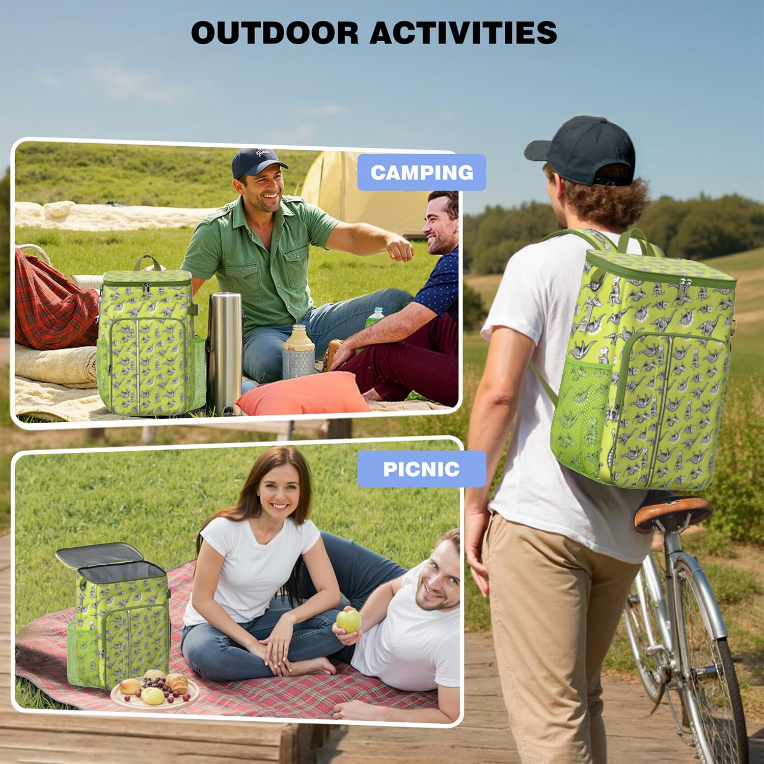 Travel Cooler Bag - Green Dinosaurs Skeletons Pattern Camping Beer Cooler Backpack with Bottle Opener- Waterproof Insulated Picnic Backpacks - Cooler Bag for Beach