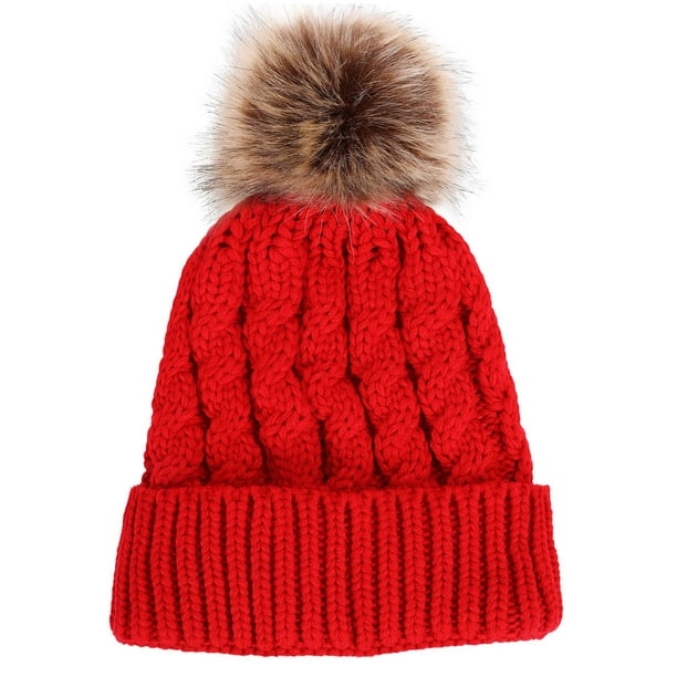 Basilica Women S Winter Soft Knit Beanie Hat With Faux Fur Pom Pom Red Walmart Com Walmart Com