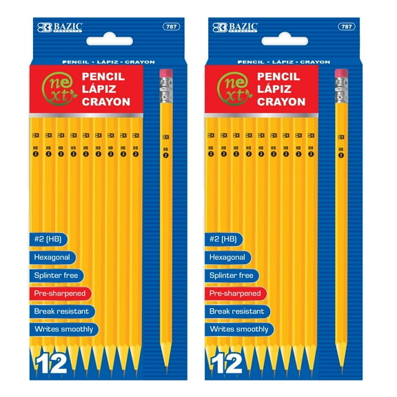 BAZIC Pre-Sharpened #2 HB Yellow Pencil, Wood Free, Latex Free Eraser (12/Pack), 2-Packs