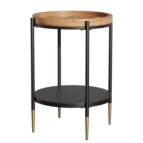 Resenkos 2-Tier Round Side Table, Industrial Metal and Wood Accent Table for Small Spaces, Rustic Brown