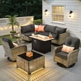 thumbnail image 3 of Ovios Outdoor Patio Furniture Set 9 Pieces Rattan Wicker Sectional with 42" Gas Fire Pit, Swivel Chairs, Solar Table, Black, 3 of 10