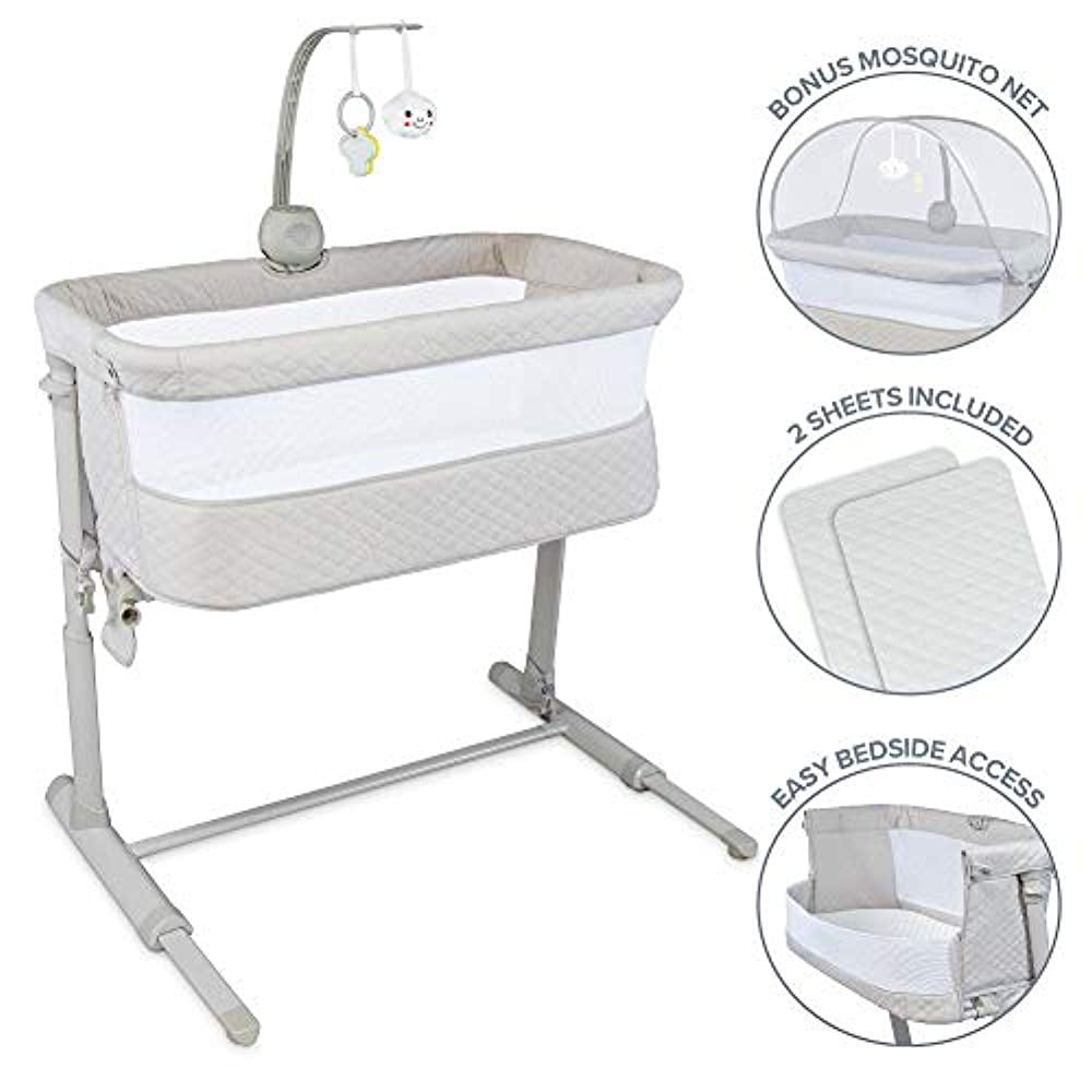 2 Sheets Mattress Attaches to Bed or Sofa Lil’ Jumbl Baby Bedside Bassinet Net Canopy & Music Box Mobile with Toys Standalone Crib & Co Sleeper Combo for Infants 0-6 Months Adjustable Height 