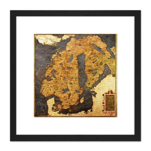 Map Antique Danti Gold Atlas Scandinavia Old Replica 8X8 Inch Square Wooden Framed Wall Art Print Picture with Mount