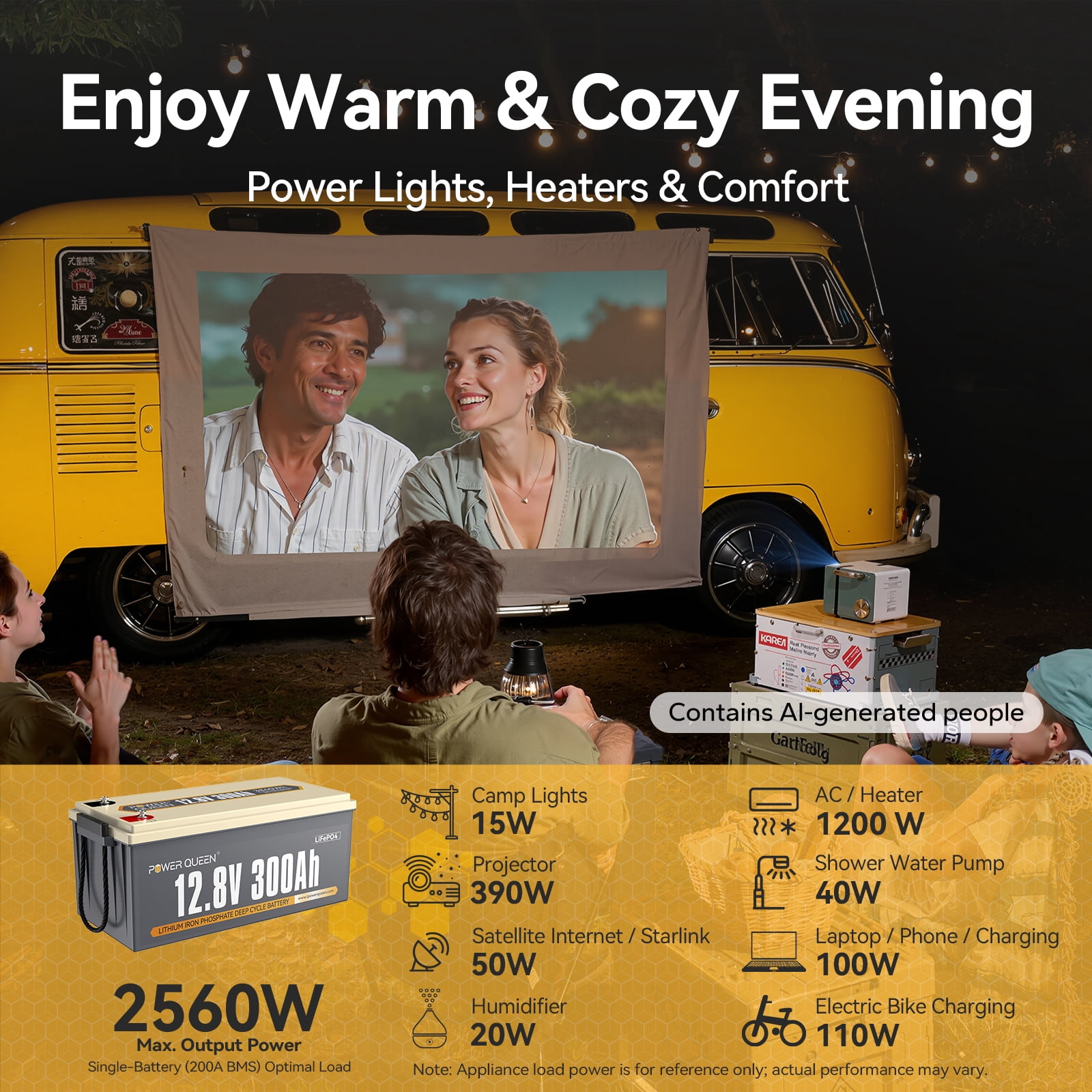 Power Queen 12V 300Ah Deep Cycle LiFePO4 Lithium Battery 3840Wh 200A BMS for Solar RV Marine Off Grid Cabin