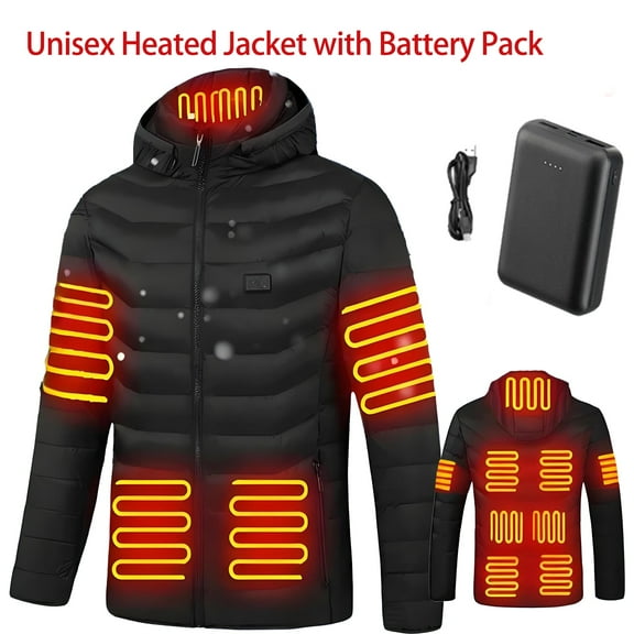 Unisex Heated Jacket with Battery Pack,Windproof Waterproof Heated Coat for Women Men with Detachable Hood,Heating Jacket for Hiking Skiing Camping Outdoor Winter Snow Wear