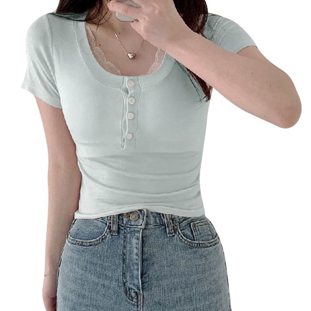 Camiseta de verano con cuello redondo y manga corta de corte ajustado de color azul para mujer