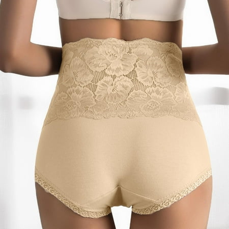 BYHONG Women s Lace Underwear Plus Size High Waist Cotton Soft Full Cover Underpants Panties for Women Beige L