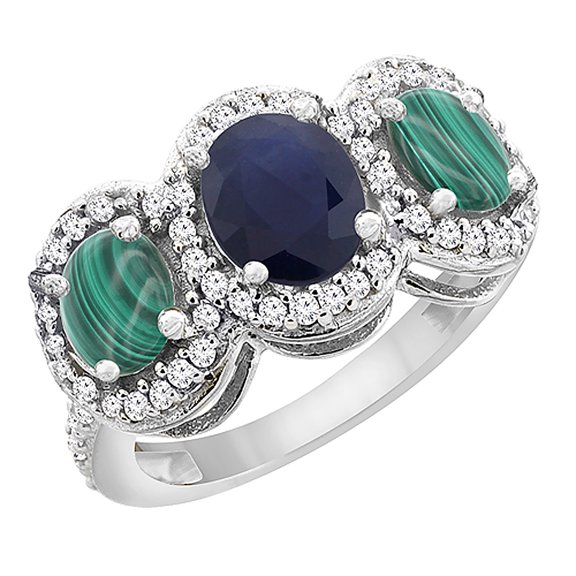 10K White Gold Natural Blue Sapphire & Malachite 3-Stone Ring Oval Diamond Accent, size 9.5