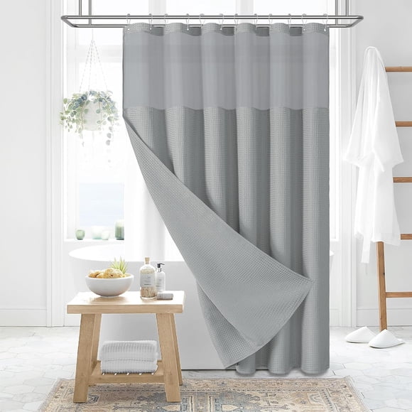Dynamene 78 Inch Long Shower Curtain, Tall Waffle Fabric Shower Curtains for Bathroom, Hotel Waterproof Cloth Shower Curtain Liner Set with Hooks, Snap in Liner, Mesh Top Window, Dark Grey, 72x78