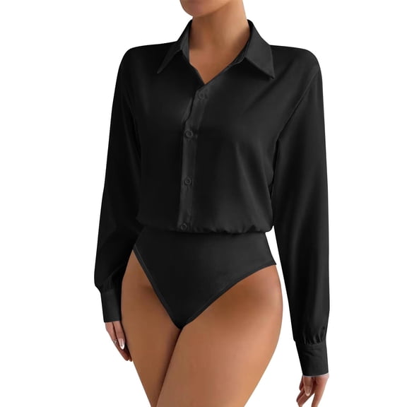 Women's Long Sleeve Button Down Shirt Bodysuits Lapel Collar Solid Color Dressy Business Casual Onesie Blouses (XL, Black)