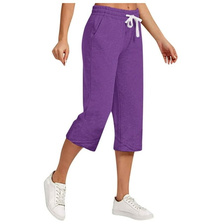 Women's Wide Leg Linen Capris with Pockets Athletic Running Capri Trousers Casual Beach Cropped Pants Fashion Drawstring Capri Pantss
