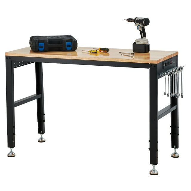 BeesClover Établi à Hauteur Réglable, Table de Travail Industrielle, Établi Robuste, Table de Travail de Garage de 48 Pouces avec Dessus en Chêne de 1 Pouces d'Épaisseur et Capacité de 2000 Lb, pour Atelier, Bureau, Maison