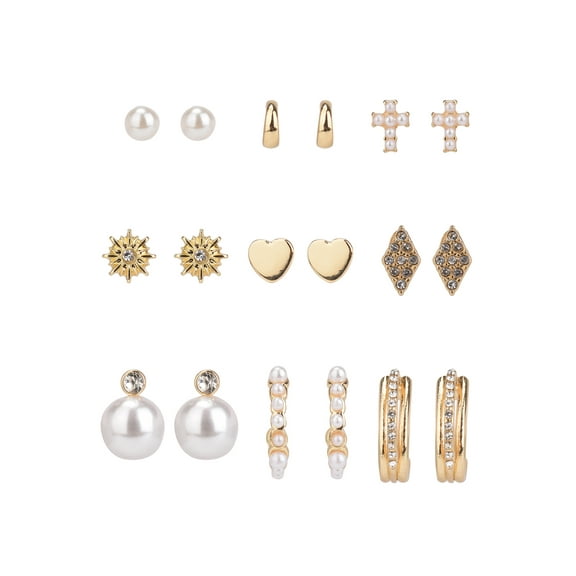 Time And Tru Adult Women's Gold Tone 9 Pair Faux Pearl and Crystal Metal Multi Earring Set